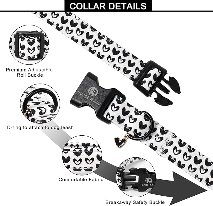Lionet Paws Valentine's Day Dog Collars - Black Hearts White Dogs Collar with Plastic Buckle andHeart Pendant,Dog Collar for Medium Dogs