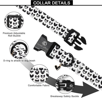 Lionet Paws Valentine's Day Dog Collars - Black Hearts White Dogs Collar with Plastic Buckle andHeart Pendant,Dog Collar for Medium Dogs