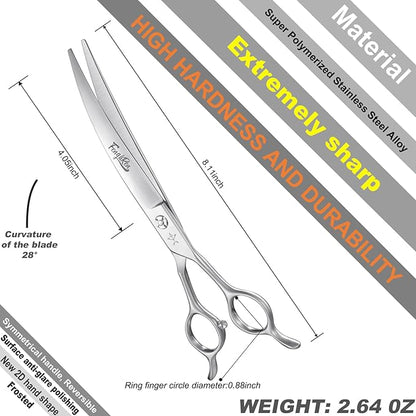 High-end Professional Dog Grooming Curved Scissors Pet Curved Shears 7.5 Inches Extremely Very Sharp Made Of Stainless Steel Alloy By Hand For Dog Cat Groomer