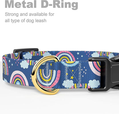 Rnivvi Dog Collar for Medium Dogs, Cute Heavy Duty Adjustable Puppy Collar with Quick Release Buckle for Girl & Female, Pet Accessories for Walking Running, M Length 1" Width, Blue Rainbow