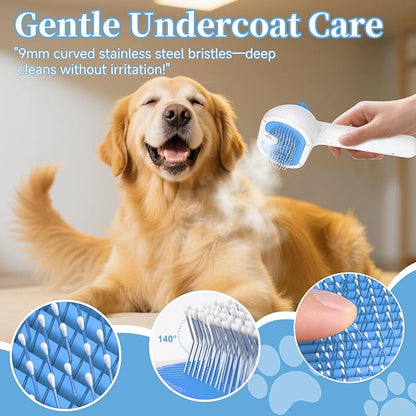 Pet Steam Brush for Dog & Cat - 3-in-1 Steam Grooming Brush for Shedding & Hair Removal - Pet comb leave-in serum with Mist for Long Haired Pets - Includes 2*Waterless Shampoo, Blue