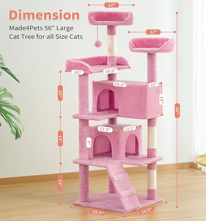 Made4Pets Cat Tree Tower 56" Cat Tower for Indoor Cats Kitten Tree Multi-Level Cat Tree with 2 Condo Furniture Activity Center with Scratching Posts Funny Toys (Pink)
