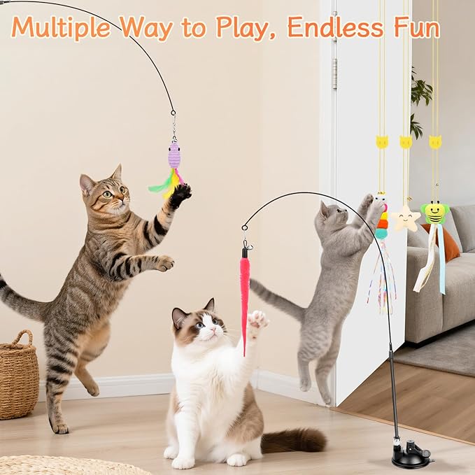 Atosun Interactive Cat Toys, 15PCS Cat Wand and Feather Toys for Indoor Cats, Reusable Suction Cup Toys for Kittens Play Exercise (Suction Model)