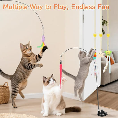 Atosun Interactive Cat Toys, 15PCS Cat Wand and Feather Toys for Indoor Cats, Reusable Suction Cup Toys for Kittens Play Exercise (Suction Model)
