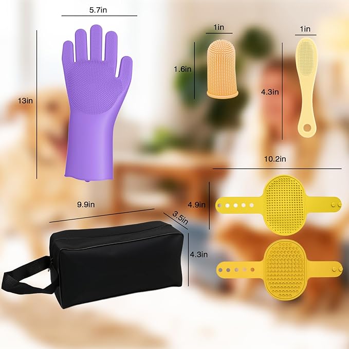 7-Piece Pet Grooming Kit with Storage Bag | Portable Bathing Set for Dogs & Cats | Includes Silicone Gloves, Deshedding Brushes & Finger Toothbrushes | All-in-One Pet Care (Lavender Purple)-MIYIJHY