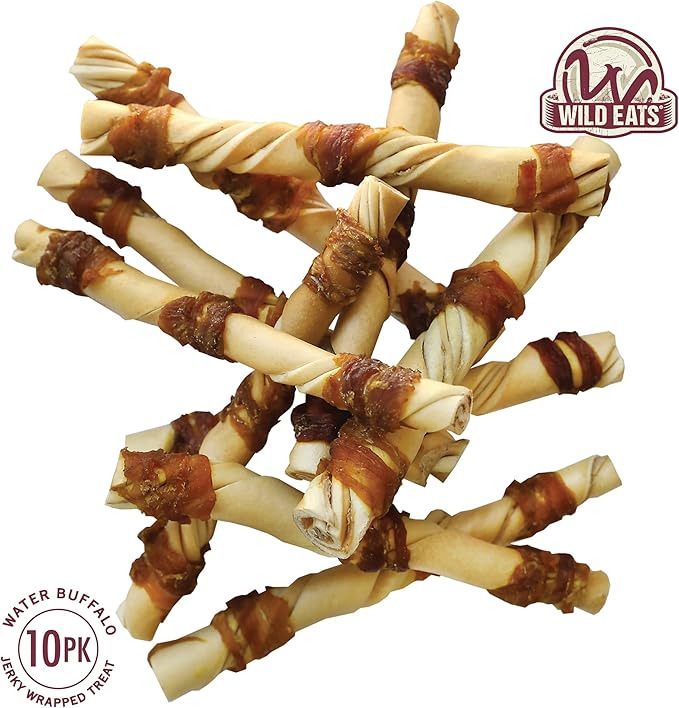 Wild Eats Water Buffalo Jerky Wrapped Cheek Twist Dog Chews - 10 Pack (Healthy Alternative for Beef Rawhides for Dogs, Natural Treat, Single Source Protein Dog Treat)