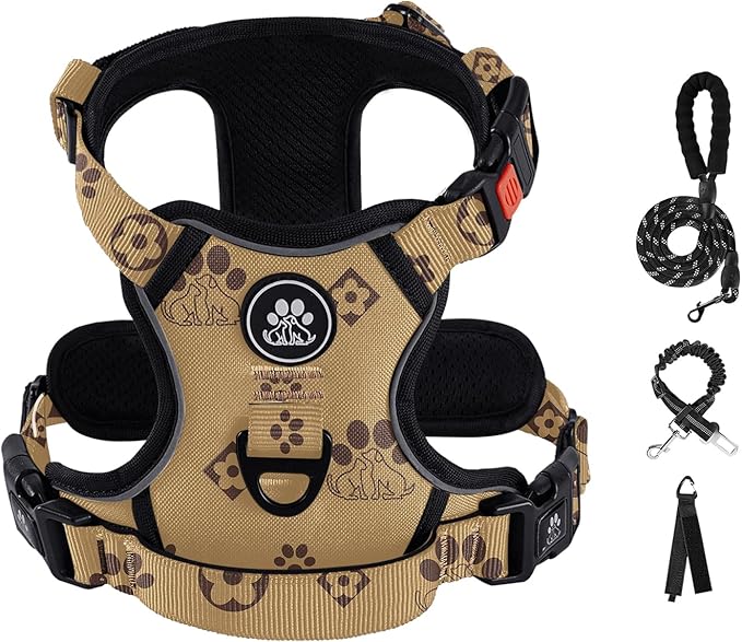 IVY&LANE No Pull Dog Harness with Leash Set, Reflective No Choke Pet Vest,Adjustable Oxford Dog Vest Harness with Easy Control Handle for Large Dogs (Light Brown,L)
