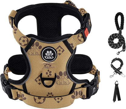 IVY&LANE No Pull Dog Harness with Leash Set, Reflective No Choke Pet Vest,Adjustable Oxford Dog Vest Harness with Easy Control Handle for Large Dogs (Light Brown,L)