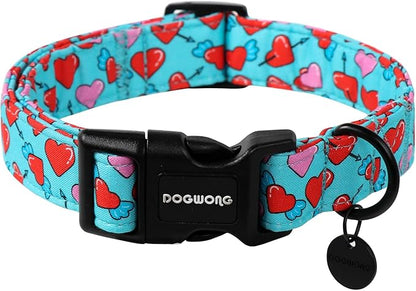 DOGWONG Blue Heart Dog Collar Adjustable Soft Natural Fabric Girl Pet Dog Collar Cute Heart Valentine Puppy Necklace for Small Medium Large Dog