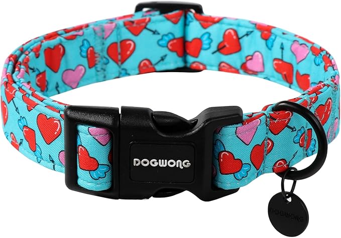 DOGWONG Blue Heart Dog Collar Adjustable Soft Natural Fabric Girl Pet Dog Collar Cute Heart Valentine Puppy Necklace for Small Medium Large Dog