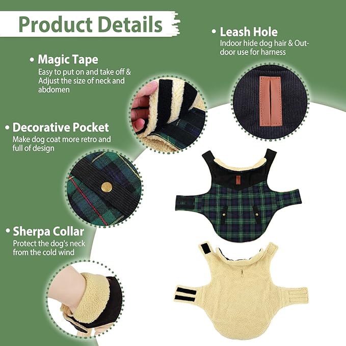 Preferhouse Winter Coat for Small and Medium Dogs, Puppy Plaid Jacket, Cotton Coat for Cold Weather, Windproof Warm Dog Garments, Pet Thickened Outfits Indoor Outdoor, Green S