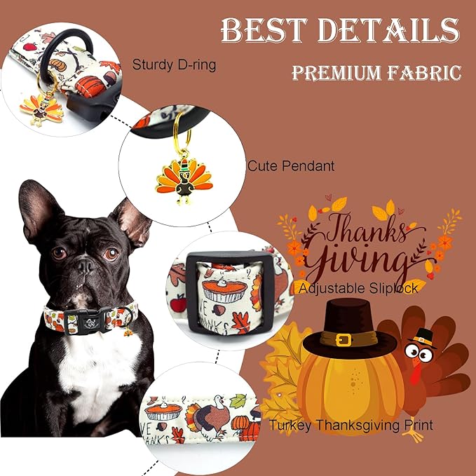 Elegant littlle Tail Thanksgiving Dog Collar, Turkey Pet Collars Soft Cotton Winter Dog Collar with Quick Release Buckle Pet Puppy Collars for Small Medium Large Dogs