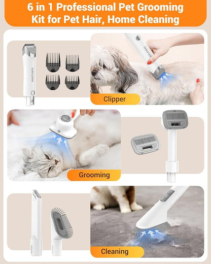Simple Way Dog Vacuum Grooming Kit for Shedding: Professional Hair Clippers Pet Groomer - Strong Suction Cleaner Deshedding Tool Fur Brush Attachment Trimmer for Home Cat (Pale White)