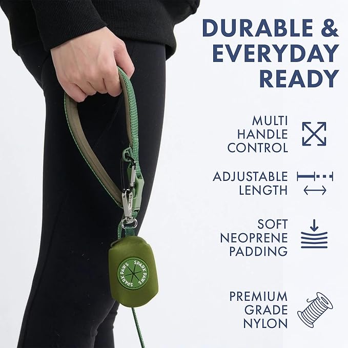 Spark Paws Handsfree Dog Leash – Shock Absorbing Waist Bungee Lead for Running, Car Seatbelt Clip & Poop Bag Set, Heavy Duty Tactical Lead for Medium, Large & X-Large Breeds - Army Green