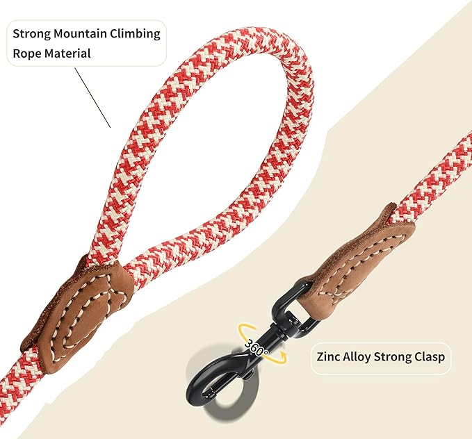 Mile High Life | Mountain Climbing Dog Rope Leash with Heavy Duty Metal Sturdy Clasp | Genuine Leather Tailored Connection with Strong Stitches (Red Khaki1, 60 Inch (Pack of 1))