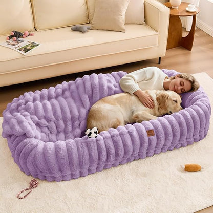 ChiXnuggle Human Dog Bed for Adult - Luxury Striped Faux Fur Giant Dog Bed with Portable Handle, Egg Orthopedic Foam Pad with Thick Blanket, 72"x40"x10", Purple