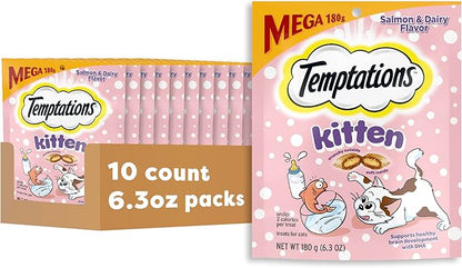 Temptations Kitten Crunchy and Soft Cat Treats Salmon and Dairy Flavor, 6.3 oz. Pouch, (Pack of 10)