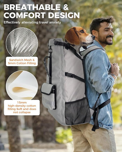 FOXFOCUS Dog Backpack Carrier for Medium Dogs - 4-Layer Protection, Under 30 lb, Waterproof, Adjustable Dog Travel Bag with Storage Pockets, Reflective Strips, Non-Slip Handle for Hiking - Grey