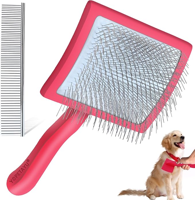 Dog Slicker Brush & Stainless Steel Comb Set for Shedding & Grooming Medium & Large Long or Thick Coated Dogs, Doodles & Cats, 1 Inch Pin Slicker Brush with Ergonomic Wooden Handle, Red