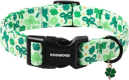DOGWONG St Patrick's Day Dog Collar-Cute Green Clovers Dog Collar, Adjustable Cotton Shamrock Pet Collar Trefoil Puppy Collars with Quick Release Buckle,L