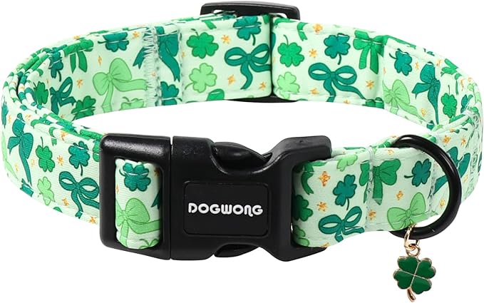 DOGWONG St Patrick's Day Dog Collar-Cute Green Clovers Dog Collar, Adjustable Cotton Shamrock Pet Collar Trefoil Puppy Collars with Quick Release Buckle,S