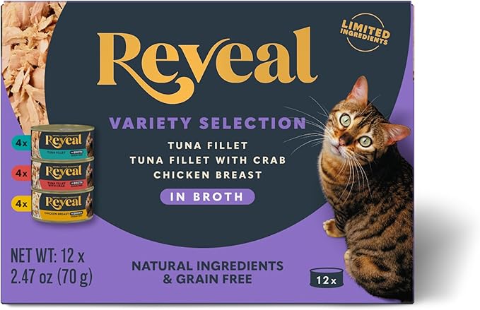 Reveal Natural Wet Canned Cat Food, 3-Flavor Variety Pack, Limited Ingredient, Grain Free, High Protein with No Artificial Additives, Fish and Chicken Variety in Broth, (12 x 2.47 oz Cans)
