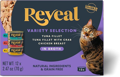 Reveal Natural Wet Canned Cat Food, 3-Flavor Variety Pack, Limited Ingredient, Grain Free, High Protein with No Artificial Additives, Fish and Chicken Variety in Broth, (12 x 2.47 oz Cans)