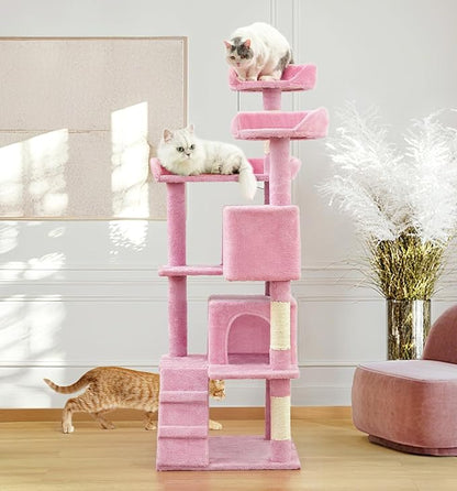 Made4Pets Cat Tree Tower 56" Cat Tower for Indoor Cats Kitten Tree Multi-Level Cat Tree with 2 Condo Furniture Activity Center with Scratching Posts Funny Toys (Pink)
