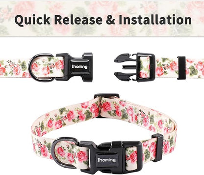 Ihoming Puppy Collar and Leash Set for Daily Outdoor Walking Running Training, Pink Flowers Design for Extra Small Boys Girls Dogs Cats Pets, XS-Up to 10LBS