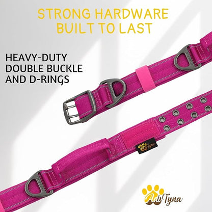 ADITYNA Heavy Duty Dog Collar for Extra-Large Dogs - Reflective Magenta Collar with Handle for Training, and Walking - Wide, Thick, Tactical, Soft Neoprene Padded