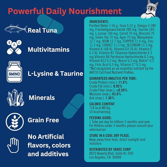 Kitty Up Lickable Cat Treats -Real Tuna Multivitamin Puree with Lysine & Taurine for Indoor Cats | Grain-Free, Squeeze Tube (50 Pack)