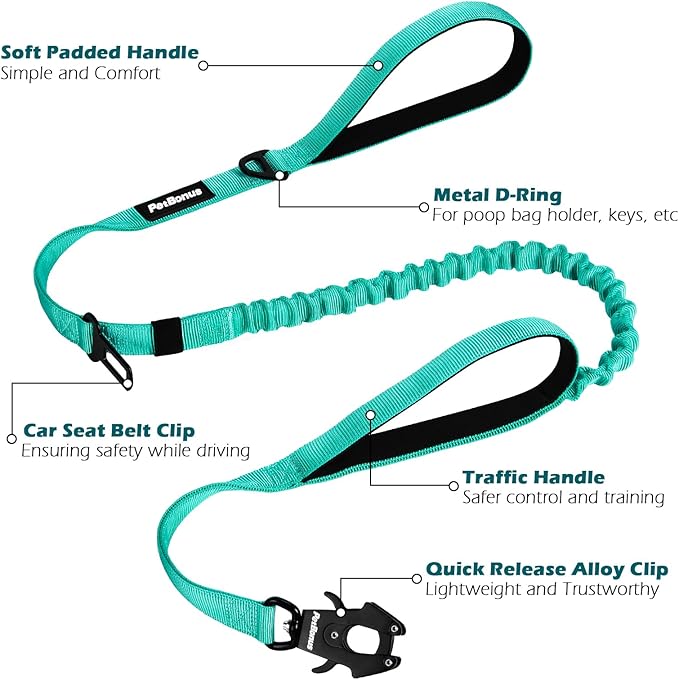 PetBonus Heavy Duty Tactical Dog Leash, 5 FT Bungee Shock Absorption Leash with 2 Padded Handles, Quick Release Metal Clip, Car Seatbelt, No Pull Training Lead for Large Medium Dogs（Turquoise）