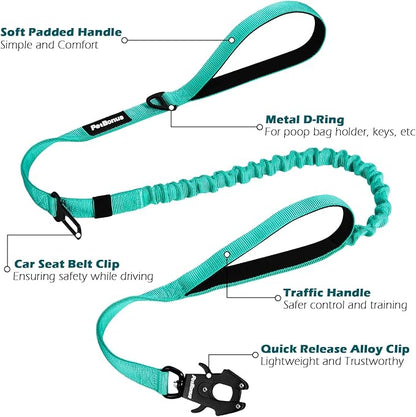 PetBonus Heavy Duty Tactical Dog Leash, 5 FT Bungee Shock Absorption Leash with 2 Padded Handles, Quick Release Metal Clip, Car Seatbelt, No Pull Training Lead for Large Medium Dogs（Turquoise）