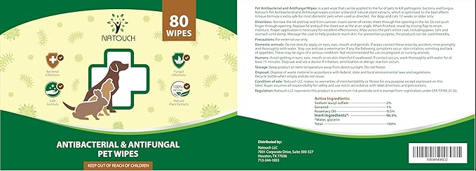 Natouch Antifungal and Antibacterial Wipes for Dogs & Cats, Dog Yeast Infection Treatment Wipes, All Natural Grooming Wipes for Cleaning, Help with Hot Spots, Ringworm, and Skin Infections, 80 Count