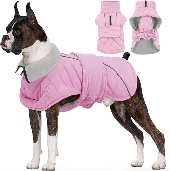 Kuoser Extra Warm Dog Coat, Windproof Cold Weather Dog Jackets for Large Dogs, Thick Fleece Lining Pet Turtleneck Snowsuit Reflective Adjustable Puppy Winter Coat Doggie Snow Jacket Pink, XL
