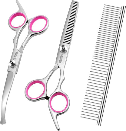 GEMEK Dog Grooming Scissors with Safety Round Tips Stainless Steel Professional Dog Grooming Kit - Thinning, Curved Scissors and Comb for Cat Pet (Pink 4 in 1)