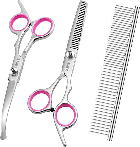 GEMEK Dog Grooming Scissors with Safety Round Tips Stainless Steel Professional Dog Grooming Kit - Thinning, Curved Scissors and Comb for Cat Pet (Pink 4 in 1)