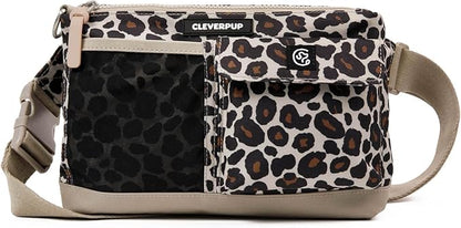 Cleverpup, Dog Walk & Train Sling Bag - Hands-Free 2-In-1 Treat Pouch, Poop Bag Holder, Clicker, Phone Pocket - Crossbody/Fanny Pack, Adjustable Strap - Leopard