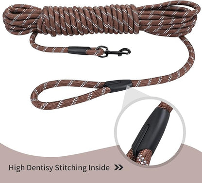 Long Dog Leash for Training 50Ft-Reflective Nylon Rope with Swivel Hook-Recall Agility Lead for Large Small Medium Dogs Outside Walking Hiking-Brown Diam 1/2"