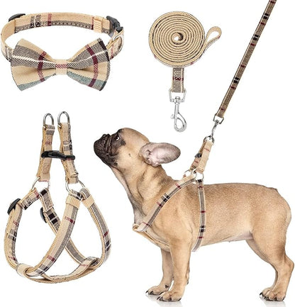 BINGPET Dog Harness Collar Leash Set,Adjustable No Pull Escape Proof Small Dog Harness,Classic Plaid Puppy Harness and Leash Set for Small Medium Large Dogs Training Easy Walk Running(Beige,S)