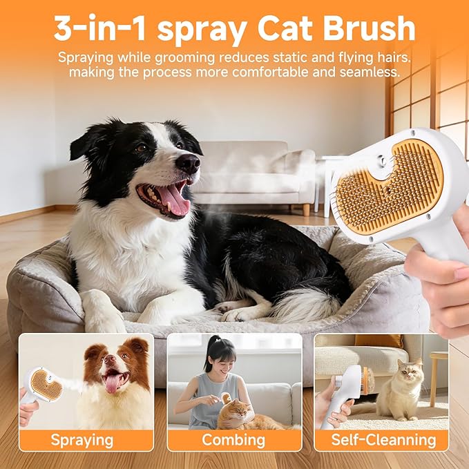 Pet Steam Brush for Dog & Cat – 3-in-1 Spray Hair Removal Comb for Shedding & Grooming, Softens Fur & Reduces Static – Water Brush for Long & Short Coats, Bath-Hating Pets, Includes 2*Shampoo