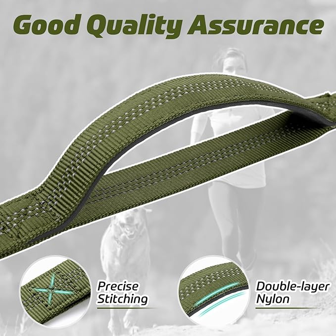 rabbitgoo Tactical Bungee Dog Leash with Shock Absorption, Military Training Leash with 2 Padded Control Handles for Medium Large Dogs, 5.2FT, Green
