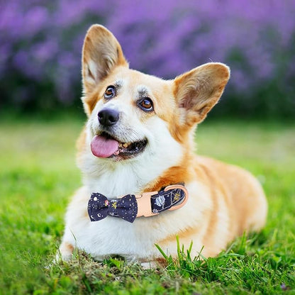 Dog Collar and Leash Set Adjustable Girls Puppy Floral Collars with Bow Tie for Small Medium Large Dogs(L, Blue Planet)