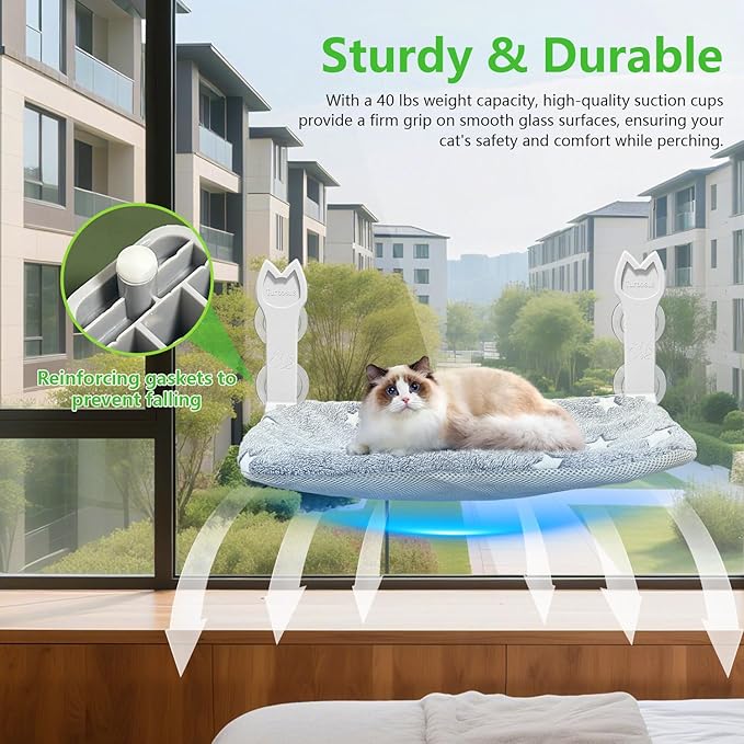 2 Pack Cat Window Perch, Glow in The Dark Foldable Cat Window Hammock with Sunken Design, Removable Soft Cover, Breathable Cordless Window Bed for Cats Inside Holds up to 40lbs (Star Grey, M)
