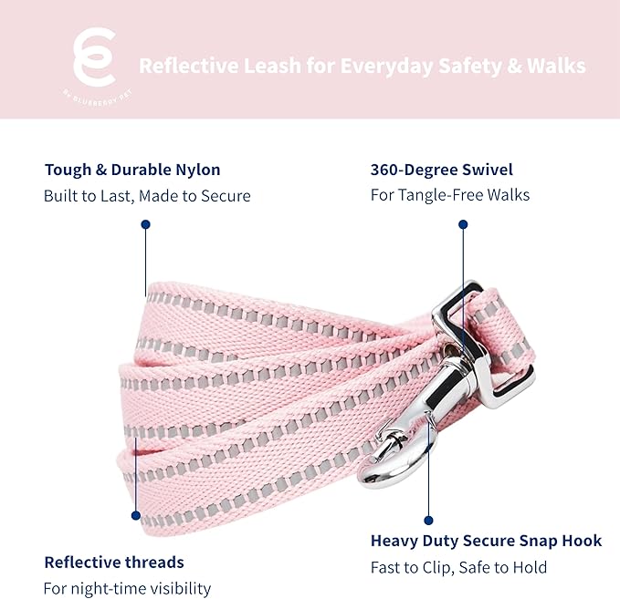 Blueberry Pet Essentials Matching Dog Collar & Leash Set | Pastel Reflective Adjustable Collar with 4 ft Lead for Large Dogs, Baby Pink