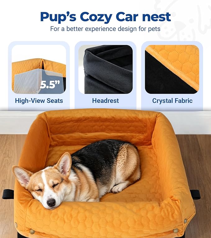 Wagora Dog Car Seat for Small Medium Dogs, Travel Pet Car Bed with Removable Waterproof Cover, Memory Foam Dog Booster Seats Up to 35 lbs, Safety Belt and Storage Pocket(Brown)