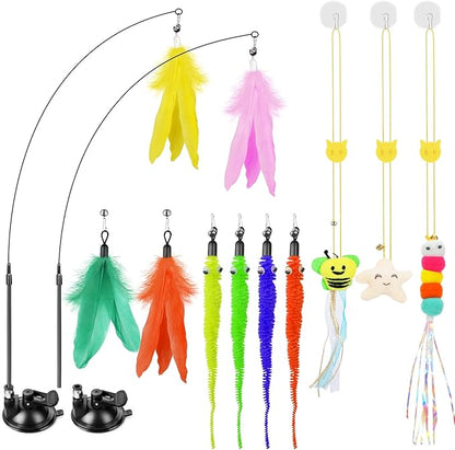 SUNSHINETOP Cat Wand Toy, Interactive Kitten Feather Toys Self Play, Cat Teaser for Indoor Cats Reusable Suction Cup Toys for Indoor Cats Kittens Play Exercise