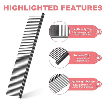 PETAXCELL Dog Cat Comb, Pet Combs Stainless Steel Teeth with Rounded Ends for Knots Mats Loose Hair Removal, 7.5IN (Black Plated, 3 Pack), Grooming Tool Intended for Long Curly Hair Pet
