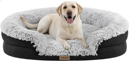 Miorun Fluffy Orthopedic Dog Bed for Extra Large & Jumbo Dogs, Calming Plush Sofa Bed with Curved Bolster Support, 48" Cozy Oval Pet Donut Bed with Washable Cover, Gray
