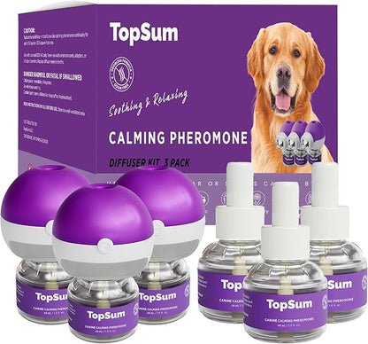 TopSum Calming Diffuser for Dog: 3 Pack Dog Pheromones Calming Diffuser Plug for Stress, Barking, Chewing, Pee Accidents & Separation Behaviors (3 Diffusers + 3 Refills)
